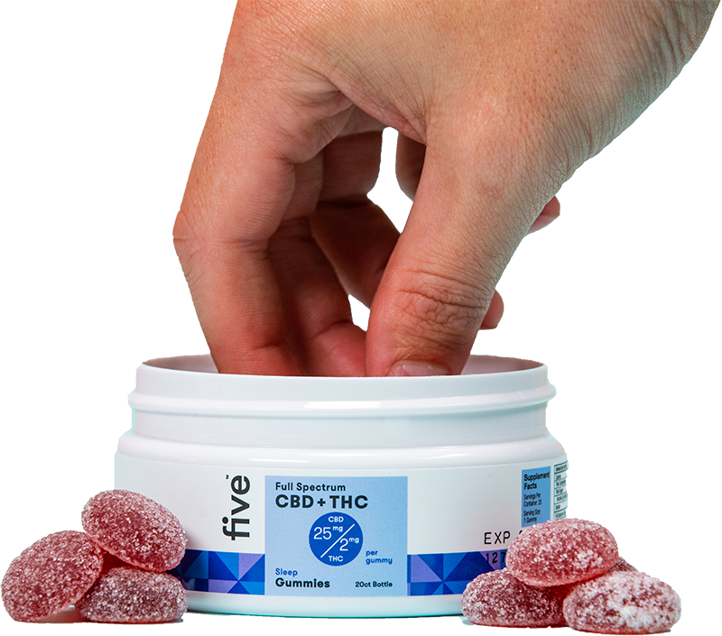 A hand reaching into an open container of Five brand sleep gummies. The white container is labeled with dosage information, and a few red sugar-coated gummies are placed outside the jar.