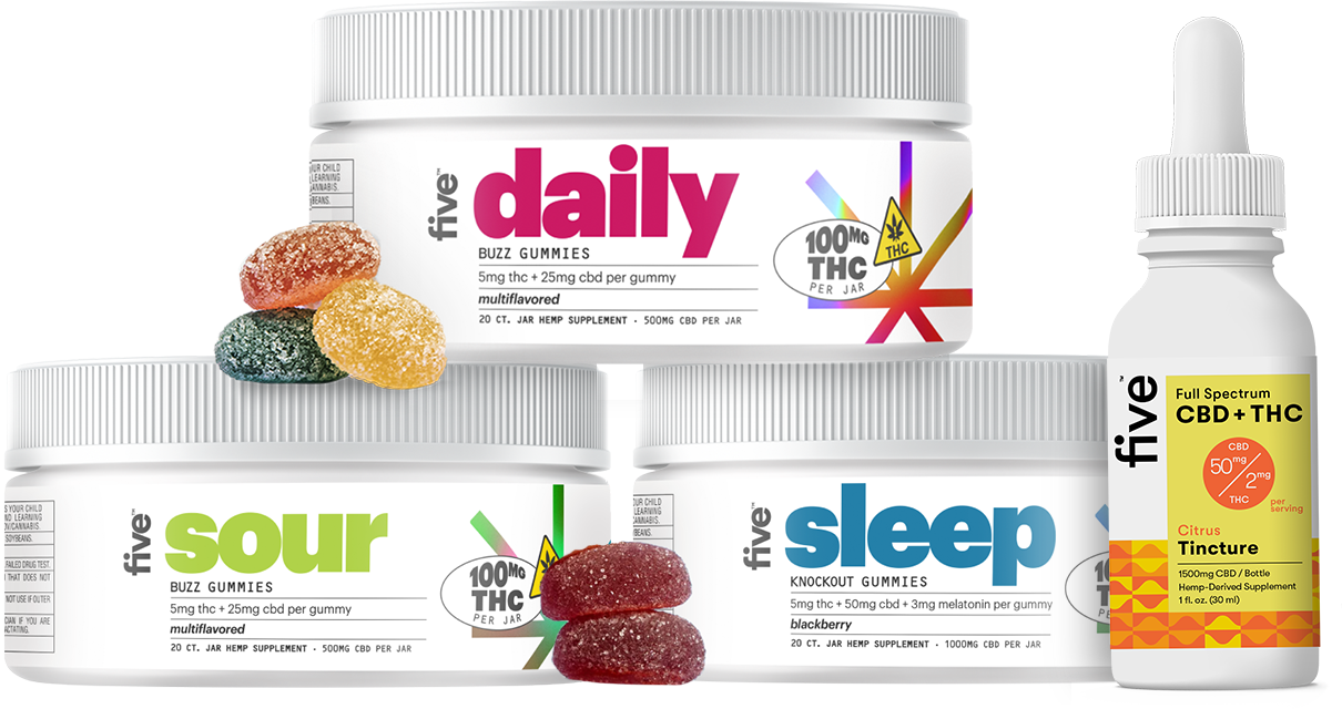 A group of CBD and THC products, including three jars of gummies and one dropper bottle of tincture, surrounded by assorted gummy pieces.